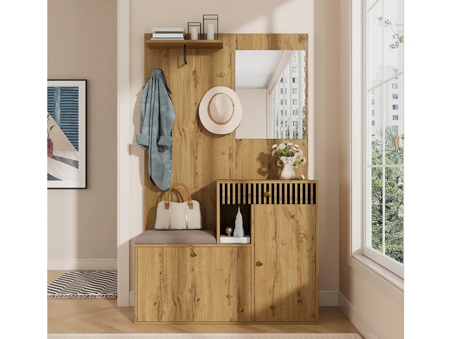 ModernLuxe Conjunto de vestiário de entrada 110x37x185,5 cm - com espelho e ganchos - Móvel para sapatos e banco calçadeiro - Natural^ Móvel De Entrada