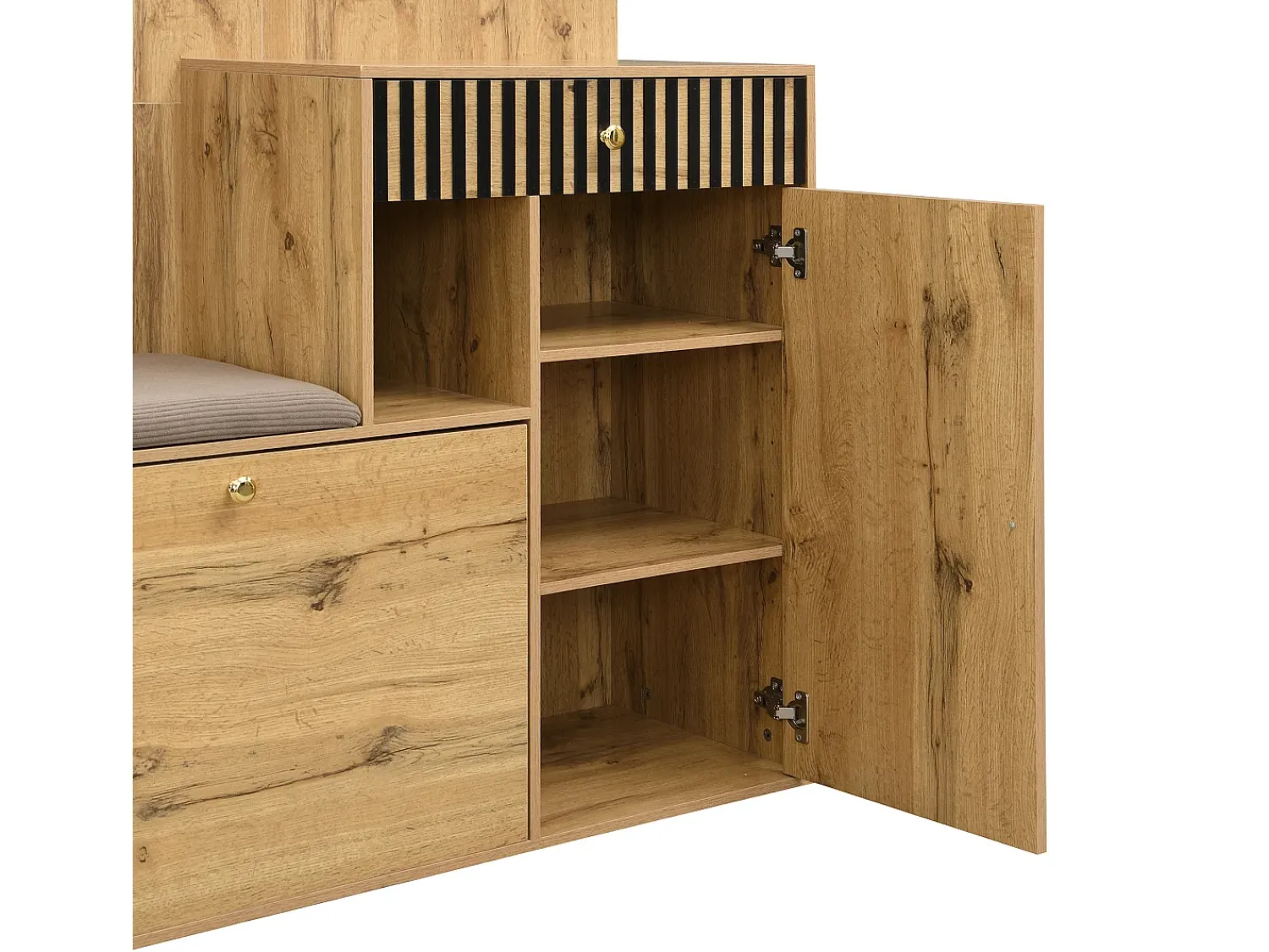 ModernLuxe Conjunto de vestiário de entrada 110x37x185,5 cm - com espelho e ganchos - Móvel para sapatos e banco calçadeiro - Natural^ Móvel De Entrada