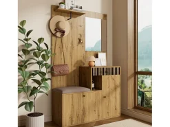 ModernLuxe Conjunto de vestiário de entrada 110x37x185,5 cm - com espelho e ganchos - Móvel para sapatos e banco calçadeiro - Natural^ Móvel De Entrada