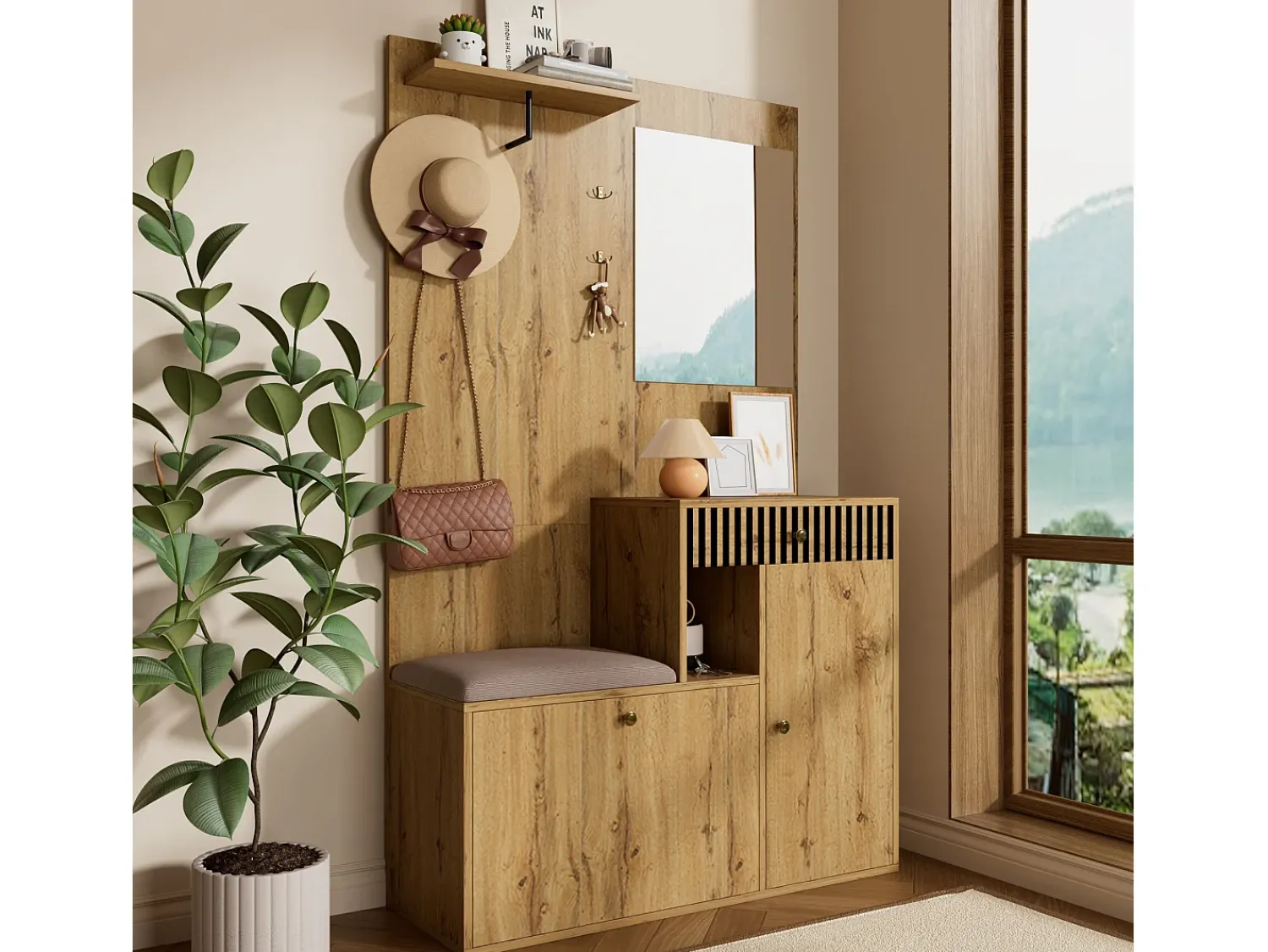 ModernLuxe Conjunto de vestiário de entrada 110x37x185,5 cm - com espelho e ganchos - Móvel para sapatos e banco calçadeiro - Natural^ Móvel De Entrada