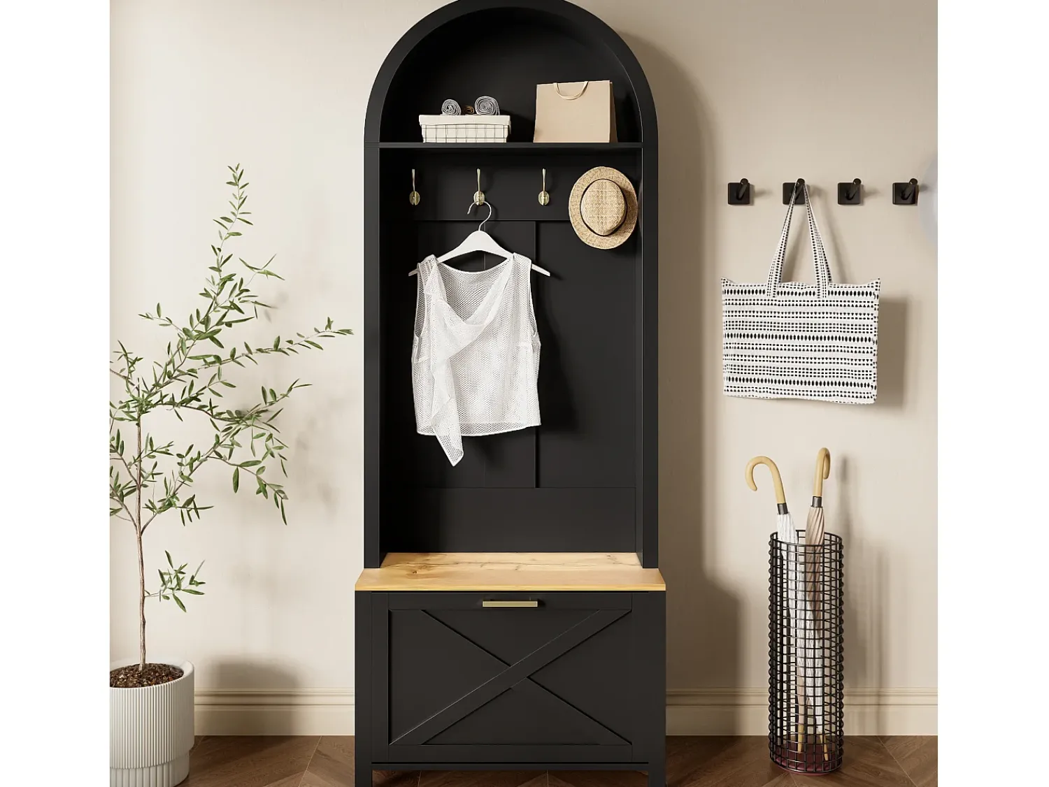 Móvel De Entrada|ModernLuxe Conjunto de vestiário de entrada 75x35x195 cm - com móvel para sapatos e ganchos - com prateleiras - Preto