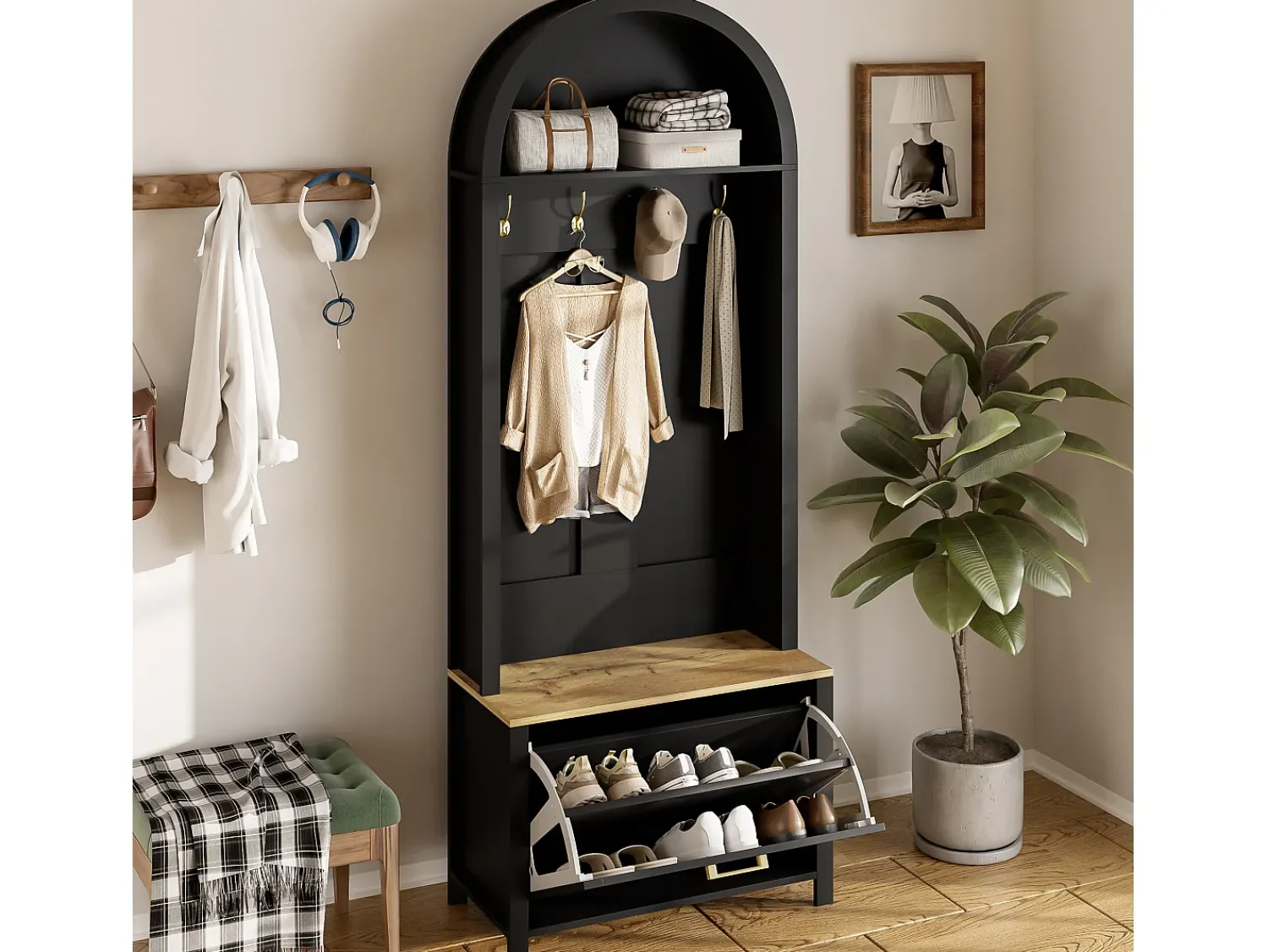Móvel De Entrada|ModernLuxe Conjunto de vestiário de entrada 75x35x195 cm - com móvel para sapatos e ganchos - com prateleiras - Preto