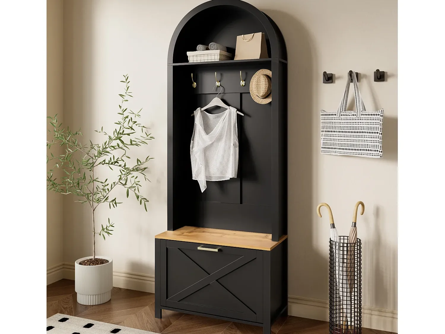 Móvel De Entrada|ModernLuxe Conjunto de vestiário de entrada 75x35x195 cm - com móvel para sapatos e ganchos - com prateleiras - Preto
