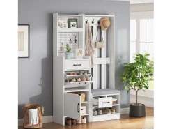 Móvel De Entrada*ModernLuxe Conjunto de vestiário de entrada 110x35x175.5 cm - Móvel para sapatos e banco de sapatos - ganchos e painel perfurado - Branco