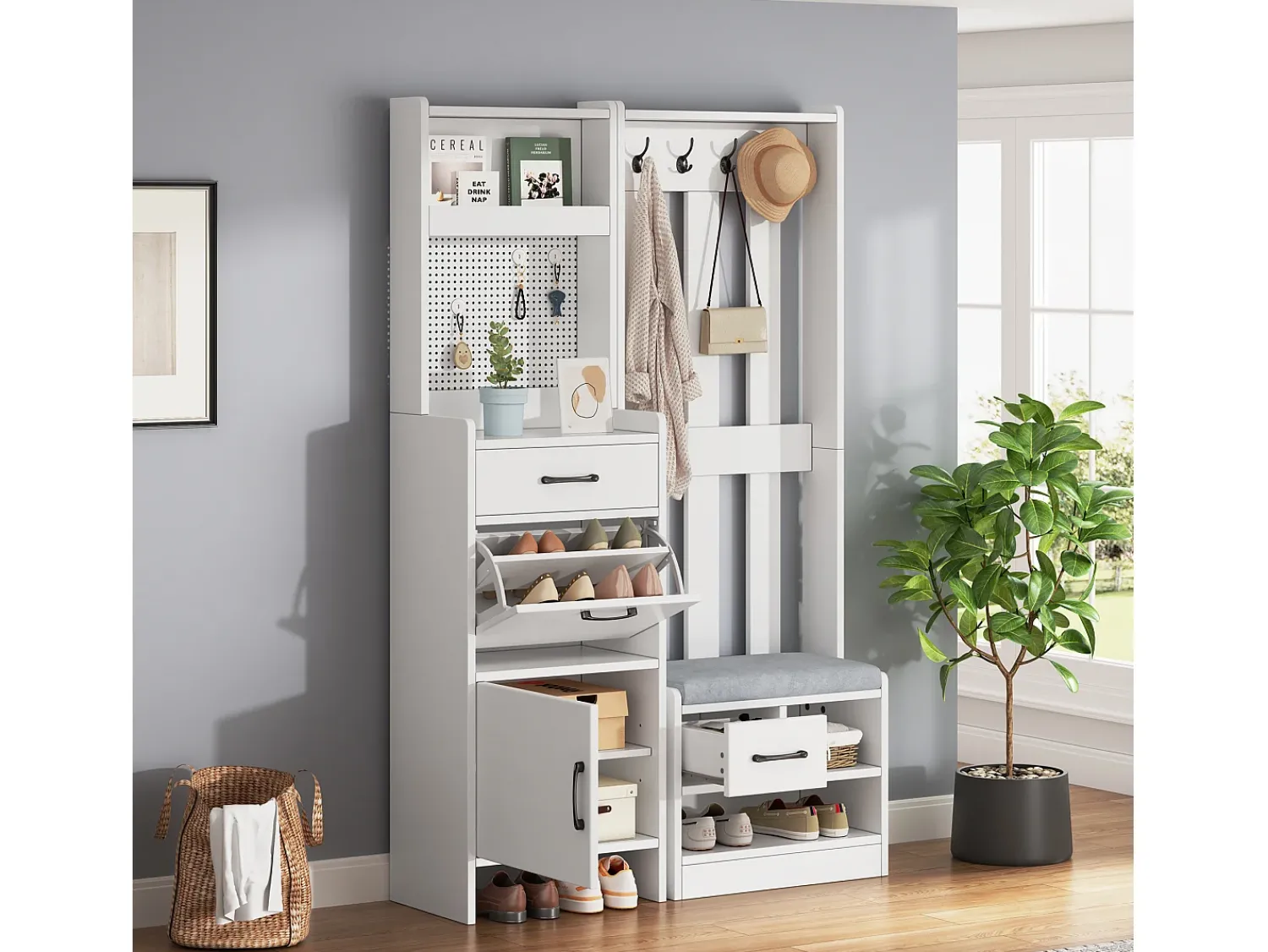 Móvel De Entrada*ModernLuxe Conjunto de vestiário de entrada 110x35x175.5 cm - Móvel para sapatos e banco de sapatos - ganchos e painel perfurado - Branco