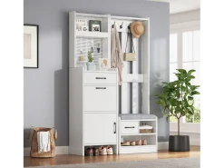 Móvel De Entrada*ModernLuxe Conjunto de vestiário de entrada 110x35x175.5 cm - Móvel para sapatos e banco de sapatos - ganchos e painel perfurado - Branco