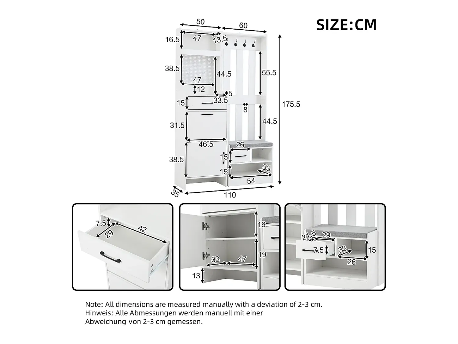 Móvel De Entrada*ModernLuxe Conjunto de vestiário de entrada 110x35x175.5 cm - Móvel para sapatos e banco de sapatos - ganchos e painel perfurado - Branco