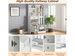 Móvel De Entrada*ModernLuxe Conjunto de vestiário de entrada 110x35x175.5 cm - Móvel para sapatos e banco de sapatos - ganchos e painel perfurado - Branco