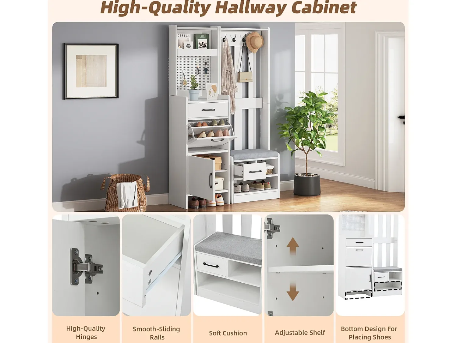 Móvel De Entrada*ModernLuxe Conjunto de vestiário de entrada 110x35x175.5 cm - Móvel para sapatos e banco de sapatos - ganchos e painel perfurado - Branco