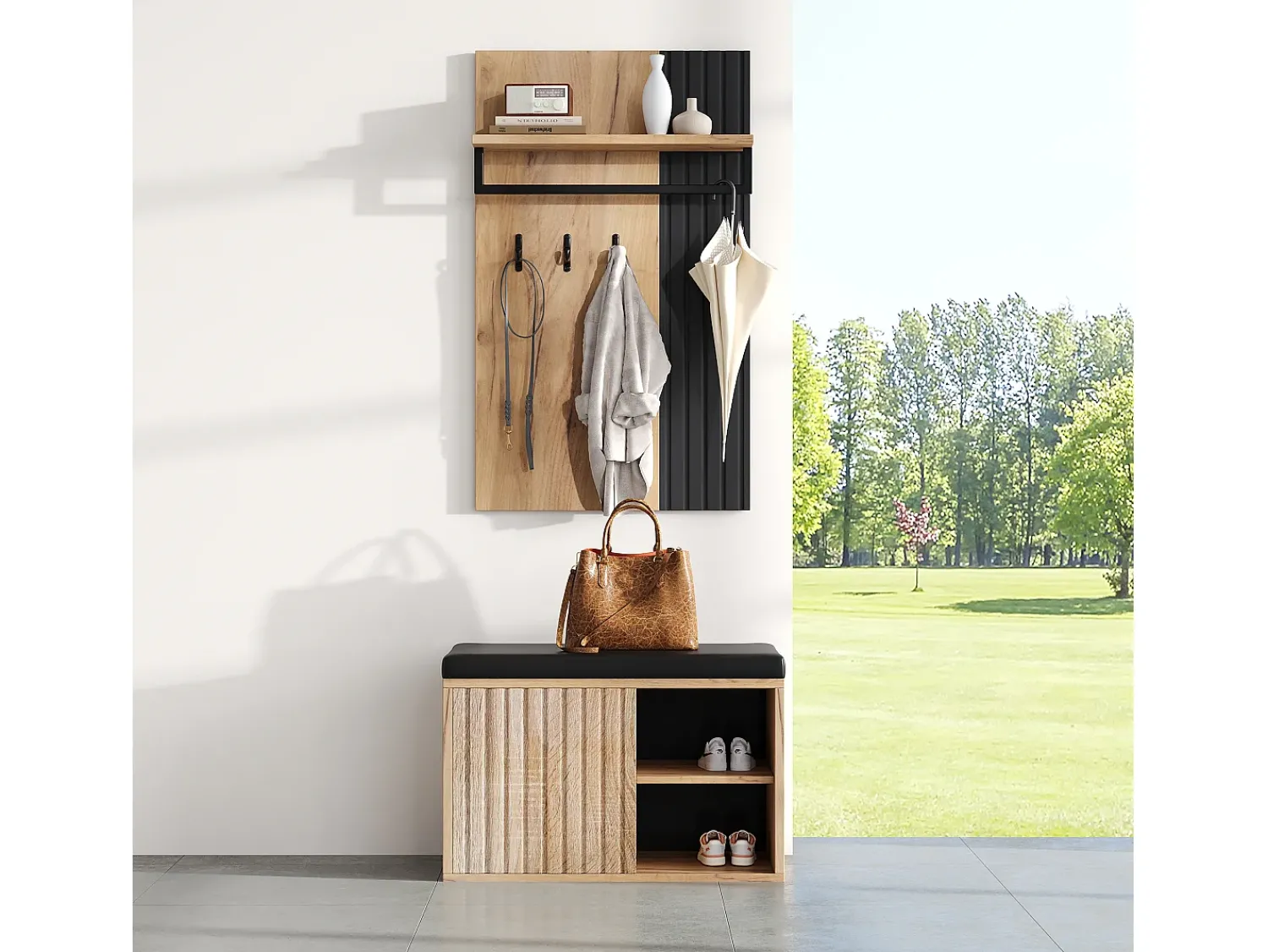 Móvel De Entrada|ModernLuxe Conjunto de vestiário de entrada - 1 cabideiro e 1 móvel para sapatos - com almofada e 3 ganchos - Natural + Preto Preto / Natural claro
