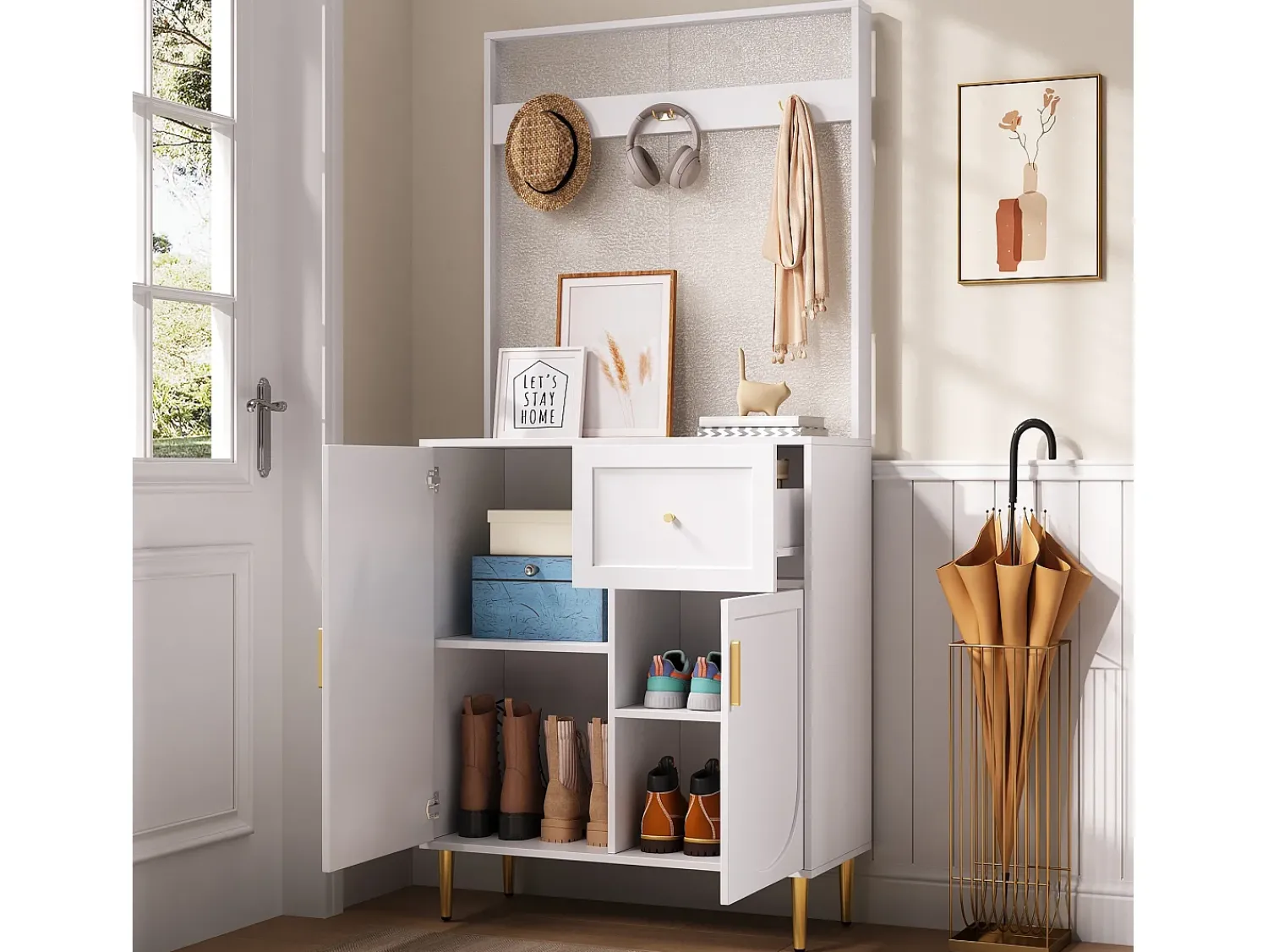 Móvel De Entrada|ModernLuxe Conjunto de vestiário de entrada 80x35x175.5 cm - 2 portas e 1 gaveta - com 3 ganchos - Prateleiras ajustáveis - MDF - Branco