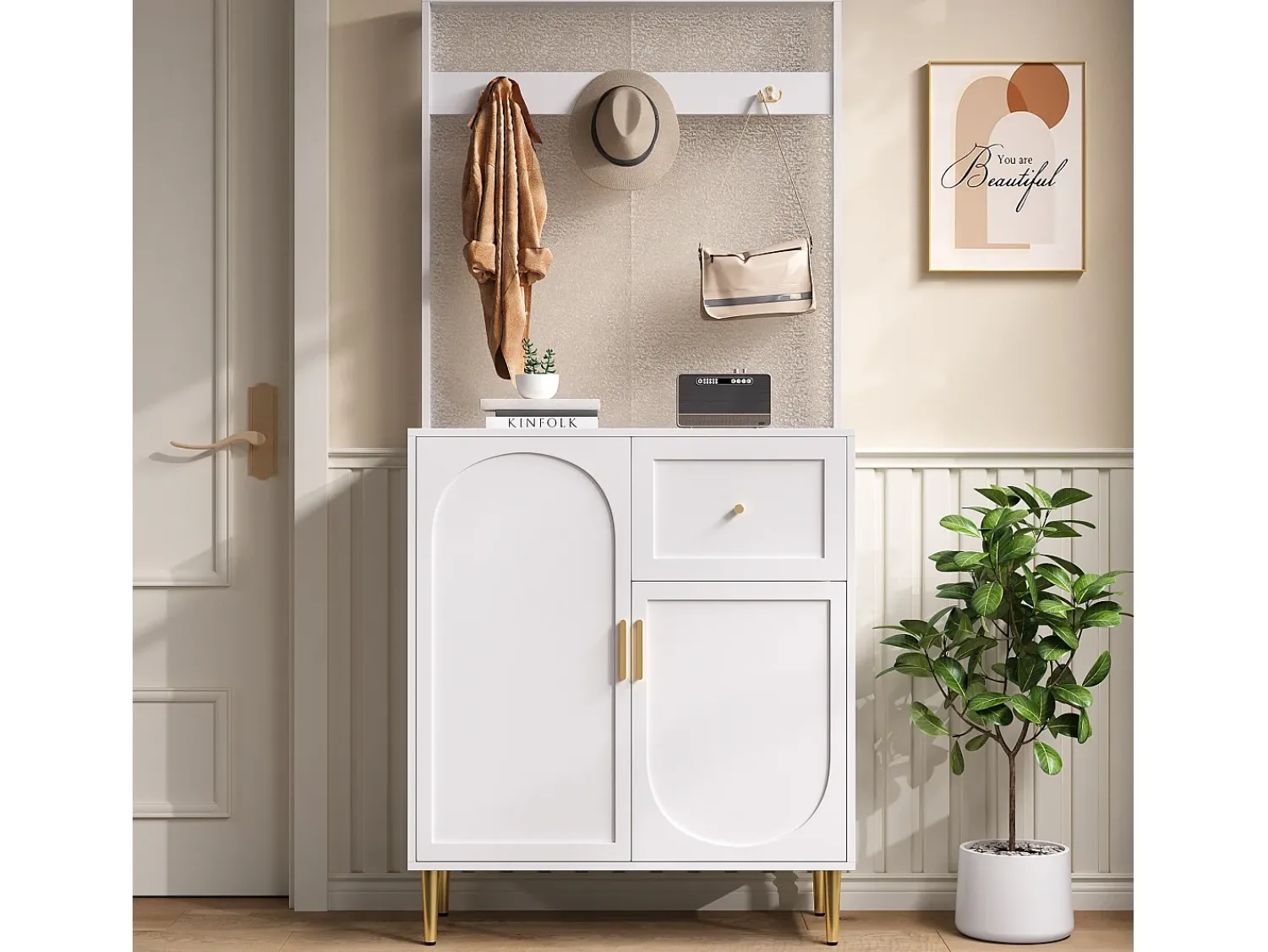 Móvel De Entrada|ModernLuxe Conjunto de vestiário de entrada 80x35x175.5 cm - 2 portas e 1 gaveta - com 3 ganchos - Prateleiras ajustáveis - MDF - Branco