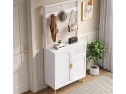 Móvel De Entrada|ModernLuxe Conjunto de vestiário de entrada 80x35x175.5 cm - 2 portas e 1 gaveta - com 3 ganchos - Prateleiras ajustáveis - MDF - Branco