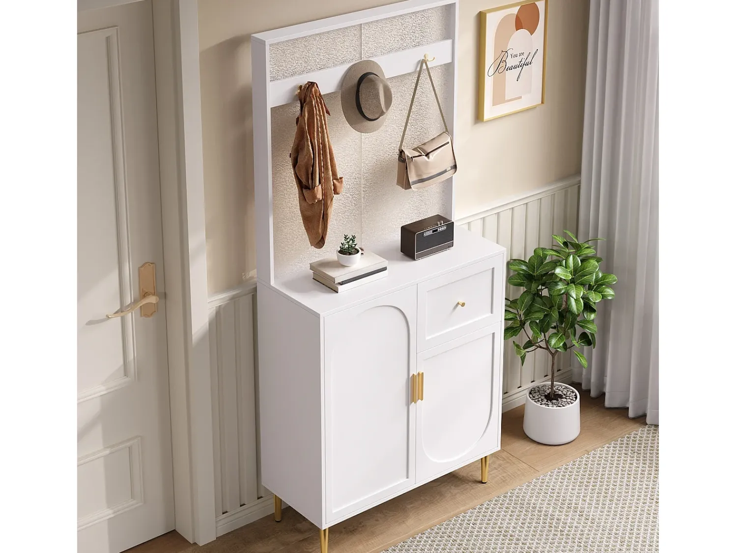 Móvel De Entrada|ModernLuxe Conjunto de vestiário de entrada 80x35x175.5 cm - 2 portas e 1 gaveta - com 3 ganchos - Prateleiras ajustáveis - MDF - Branco