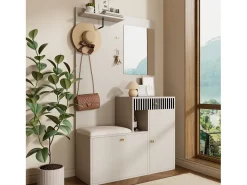 Online ModernLuxe Conjunto de vestiário de entrada 110x37x185,5 cm - com espelho e ganchos - Móvel para sapatos e banco calçadeiro - Bege Branco