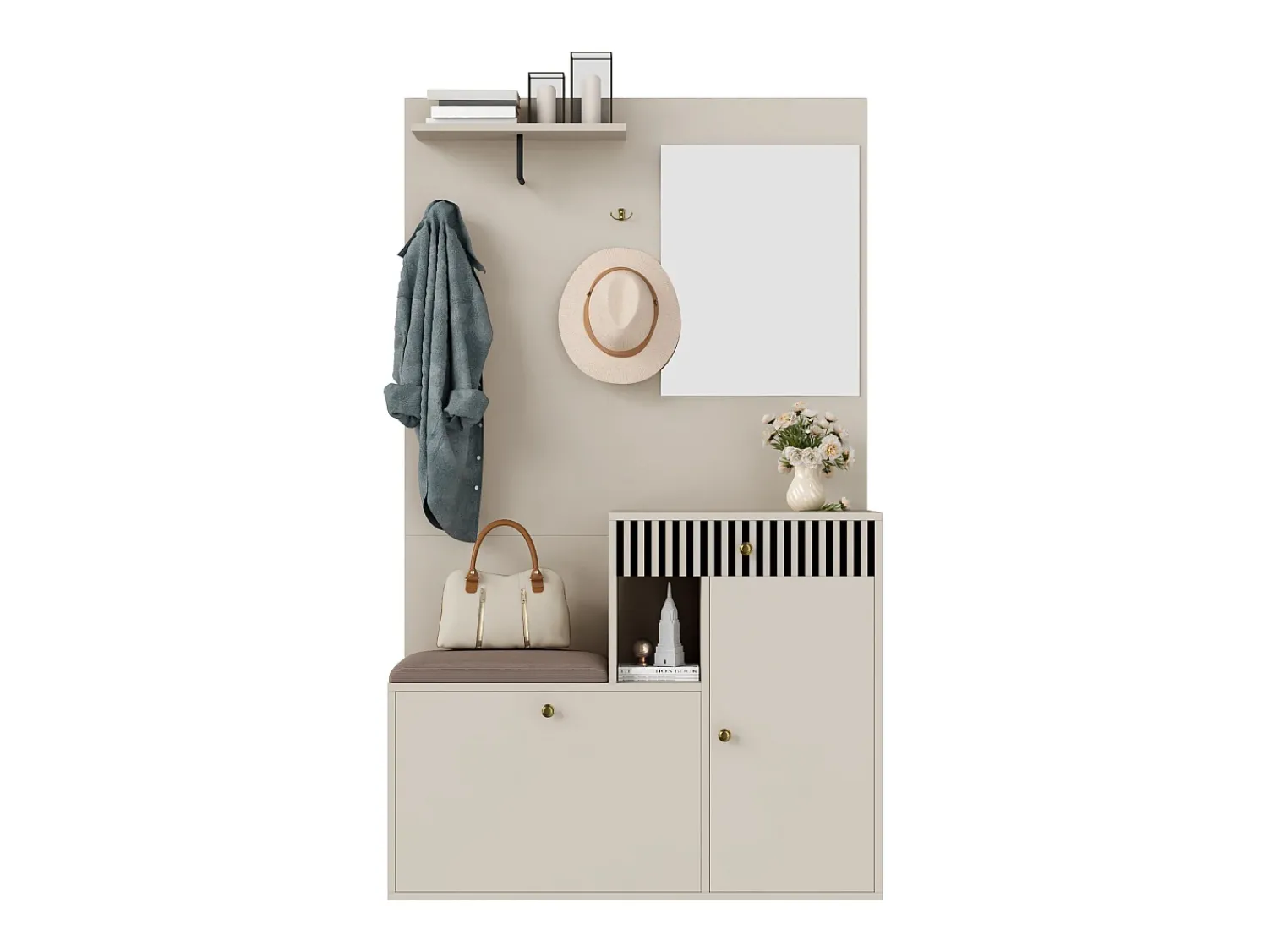 Online ModernLuxe Conjunto de vestiário de entrada 110x37x185,5 cm - com espelho e ganchos - Móvel para sapatos e banco calçadeiro - Bege Branco