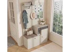 Online ModernLuxe Conjunto de vestiário de entrada 110x37x185,5 cm - com espelho e ganchos - Móvel para sapatos e banco calçadeiro - Bege Branco