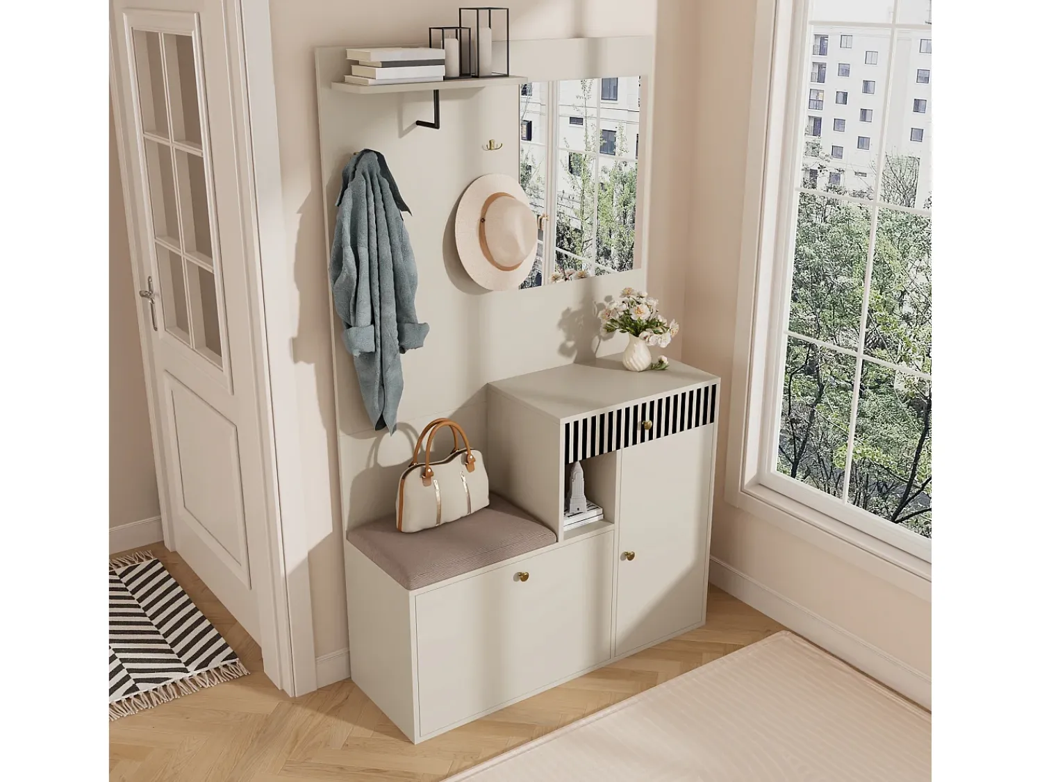 Online ModernLuxe Conjunto de vestiário de entrada 110x37x185,5 cm - com espelho e ganchos - Móvel para sapatos e banco calçadeiro - Bege Branco
