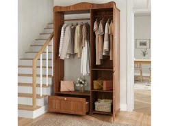 ModernLuxe Conjunto de vestiário de entrada - 115,5x38,5x194,5 cm - con espelho e varal aberto - 1 gaveta e 2 portas - MDF - Cor nogueira^ Móvel De Entrada