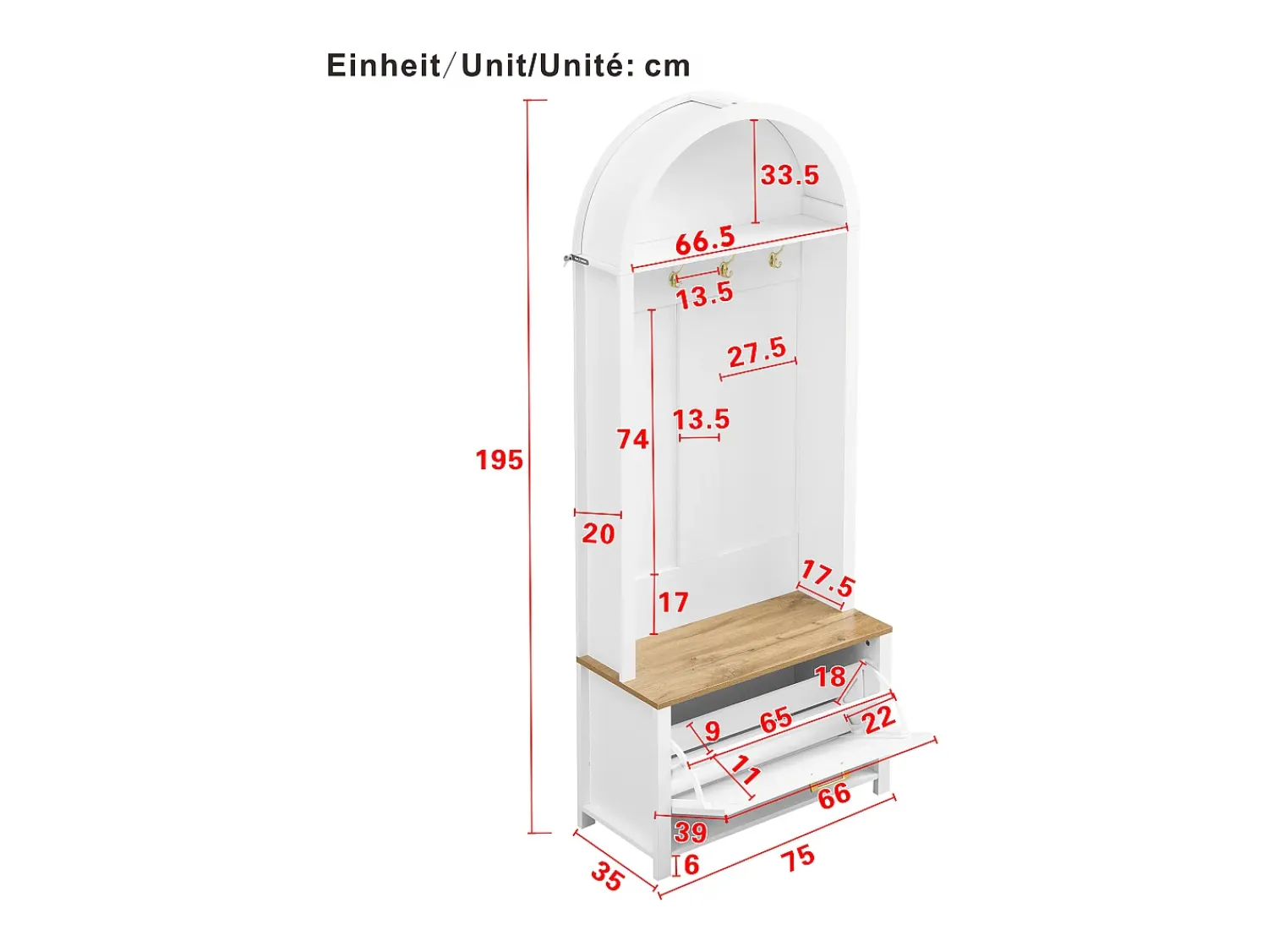 Móvel De Entrada|ModernLuxe Conjunto de vestiário de entrada 75x35x195 cm - com móvel para sapatos e ganchos - com prateleiras - Branco