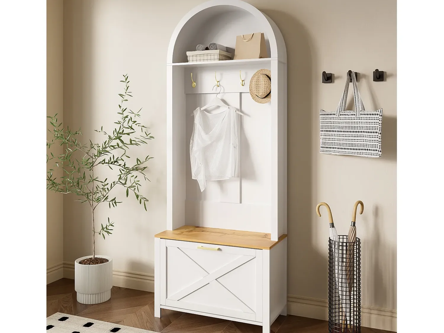 Móvel De Entrada|ModernLuxe Conjunto de vestiário de entrada 75x35x195 cm - com móvel para sapatos e ganchos - com prateleiras - Branco