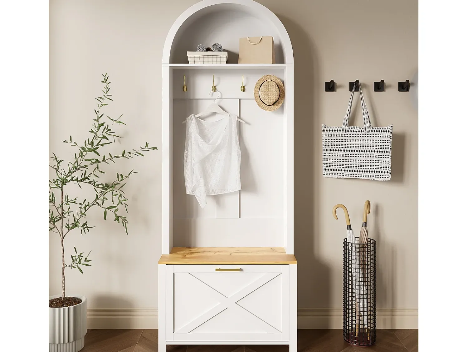 Móvel De Entrada|ModernLuxe Conjunto de vestiário de entrada 75x35x195 cm - com móvel para sapatos e ganchos - com prateleiras - Branco