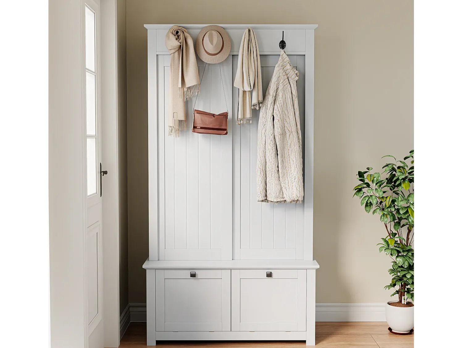 Móvel De Entrada*ModernLuxe Conjunto de vestiário de entrada 100x50x180 cm - Móvel para sapatos - com ganchos - MDF - Branco