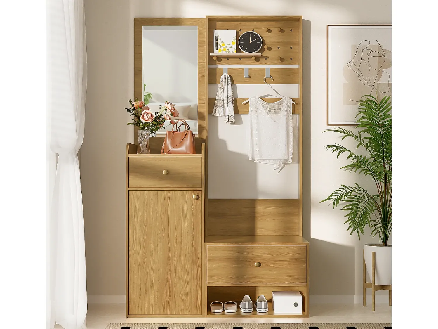 Outlet ModernLuxe Conjunto de vestiário de entrada 105x38x180 cm - com espelho - com ganchos ajustáveis - 2 gavetas e 1 porta - Natural Natural claro