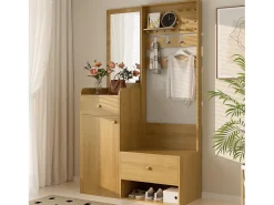 Outlet ModernLuxe Conjunto de vestiário de entrada 105x38x180 cm - com espelho - com ganchos ajustáveis - 2 gavetas e 1 porta - Natural Natural claro