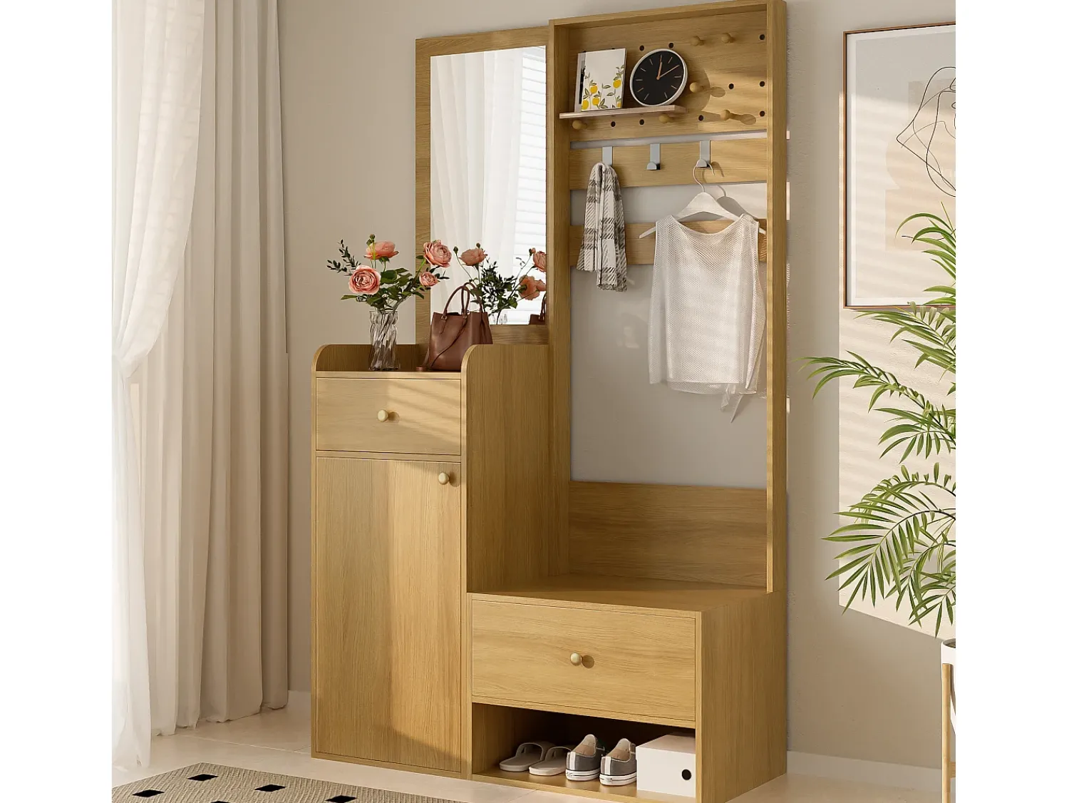 Outlet ModernLuxe Conjunto de vestiário de entrada 105x38x180 cm - com espelho - com ganchos ajustáveis - 2 gavetas e 1 porta - Natural Natural claro