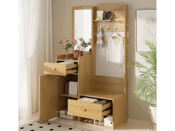 Outlet ModernLuxe Conjunto de vestiário de entrada 105x38x180 cm - com espelho - com ganchos ajustáveis - 2 gavetas e 1 porta - Natural Natural claro