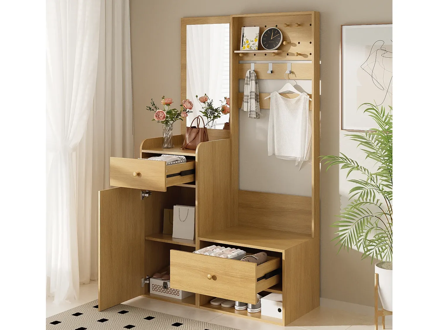 Outlet ModernLuxe Conjunto de vestiário de entrada 105x38x180 cm - com espelho - com ganchos ajustáveis - 2 gavetas e 1 porta - Natural Natural claro