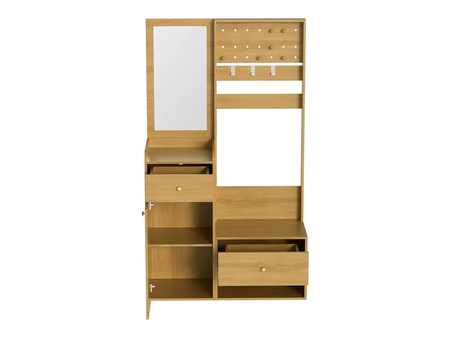 Outlet ModernLuxe Conjunto de vestiário de entrada 105x38x180 cm - com espelho - com ganchos ajustáveis - 2 gavetas e 1 porta - Natural Natural claro