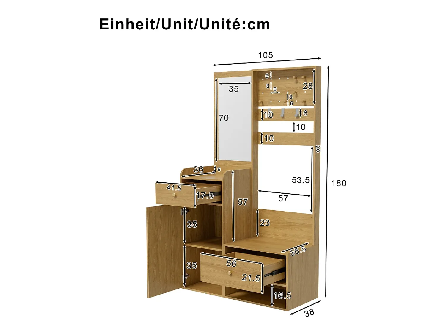 Outlet ModernLuxe Conjunto de vestiário de entrada 105x38x180 cm - com espelho - com ganchos ajustáveis - 2 gavetas e 1 porta - Natural Natural claro