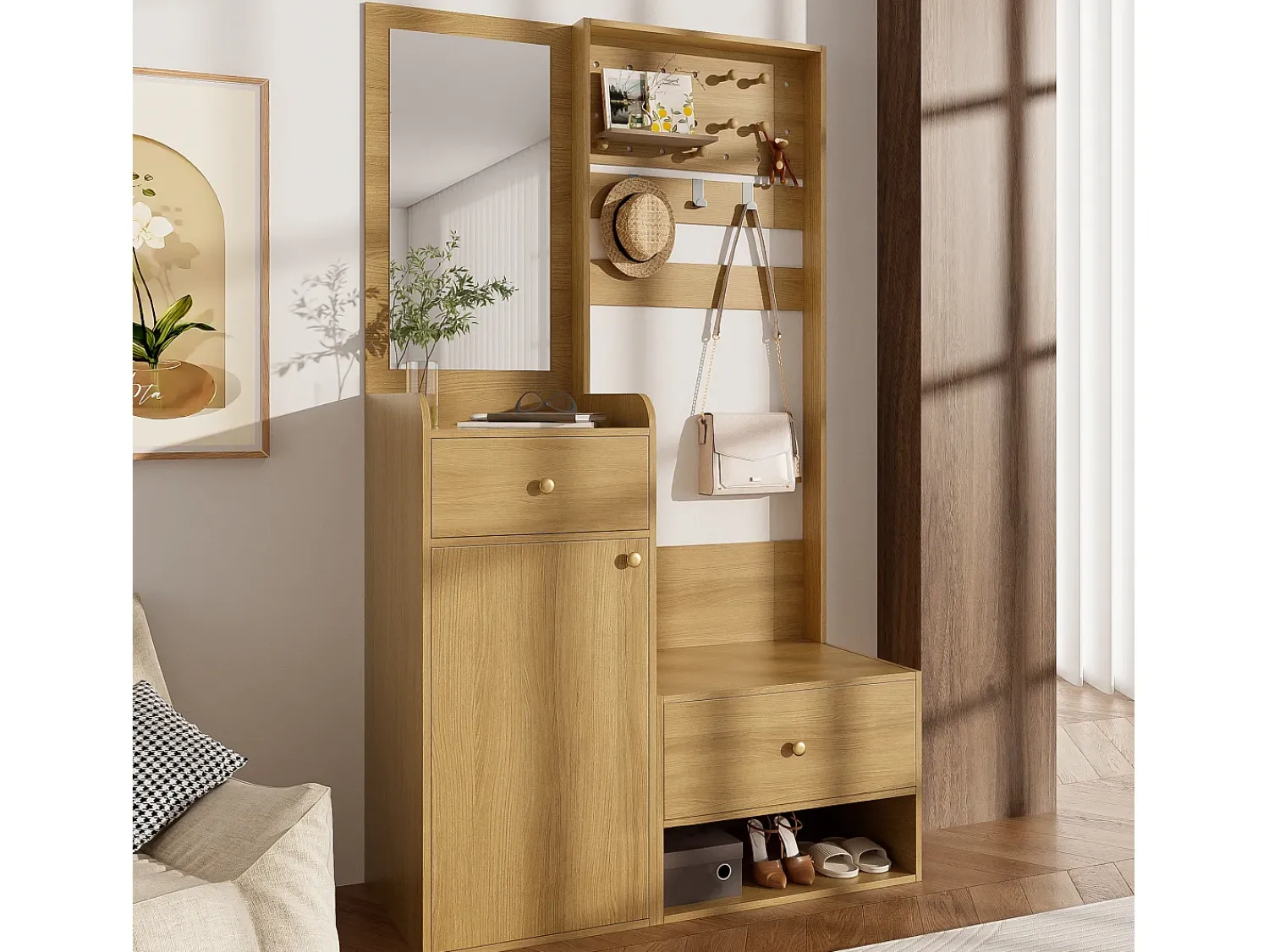 Outlet ModernLuxe Conjunto de vestiário de entrada 105x38x180 cm - com espelho - com ganchos ajustáveis - 2 gavetas e 1 porta - Natural Natural claro