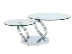 Vente-unique Conjunto mesa de centro tampo giratório transparente JOLINE e tapete felpudo cinzento MAZE Transparente / Cinzento / Prateado