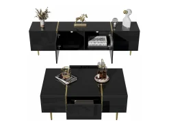 Merax Conjunto moderno de armário de TV e mesa de centro - 170 x 35 x 46 cm + 100 x 60 x 41,5 cm - Madeira MDF e pernas douradas - brilhante Preto