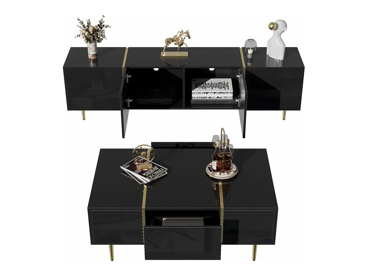 Merax Conjunto moderno de armário de TV e mesa de centro - 170 x 35 x 46 cm + 100 x 60 x 41,5 cm - Madeira MDF e pernas douradas - brilhante Preto