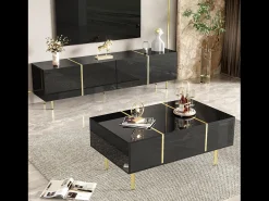 Merax Conjunto moderno de armário de TV e mesa de centro - 170 x 35 x 46 cm + 100 x 60 x 41,5 cm - Madeira MDF e pernas douradas - brilhante Preto