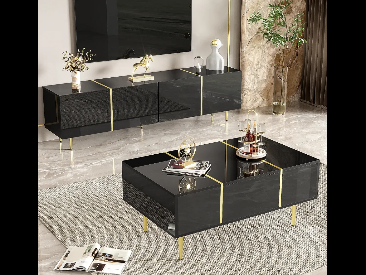 Merax Conjunto moderno de armário de TV e mesa de centro - 170 x 35 x 46 cm + 100 x 60 x 41,5 cm - Madeira MDF e pernas douradas - brilhante Preto