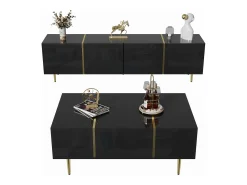 Merax Conjunto moderno de armário de TV e mesa de centro - 170 x 35 x 46 cm + 100 x 60 x 41,5 cm - Madeira MDF e pernas douradas - brilhante Preto