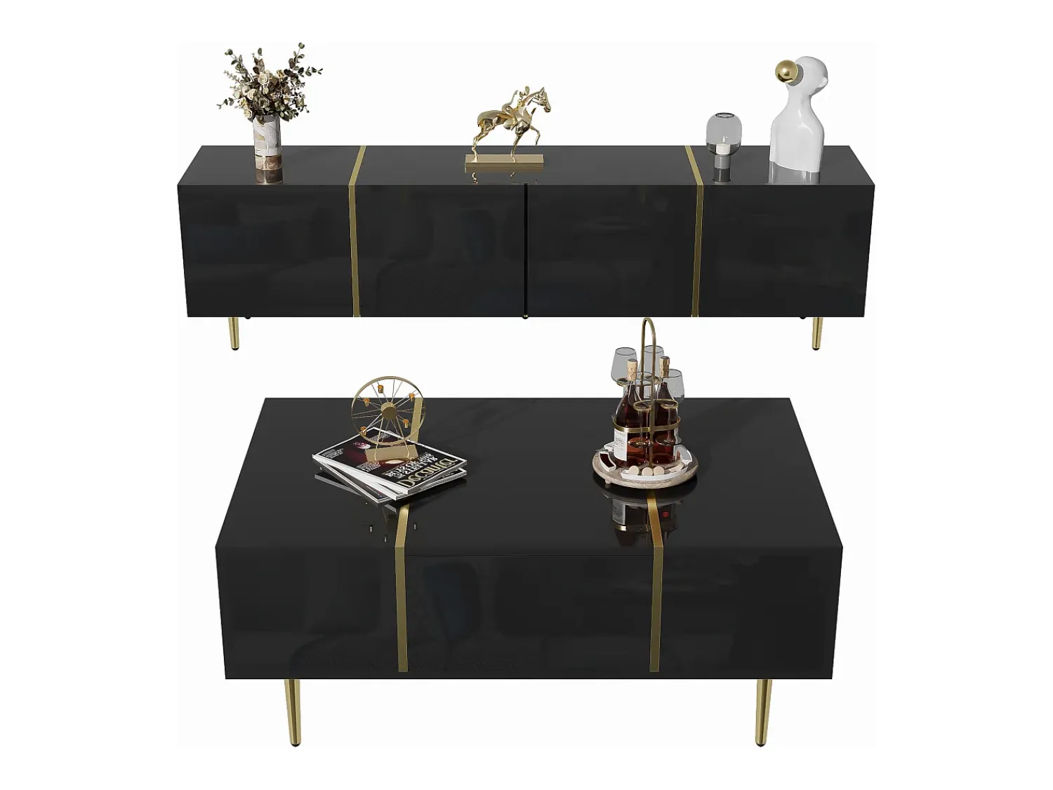 Merax Conjunto moderno de armário de TV e mesa de centro - 170 x 35 x 46 cm + 100 x 60 x 41,5 cm - Madeira MDF e pernas douradas - brilhante Preto