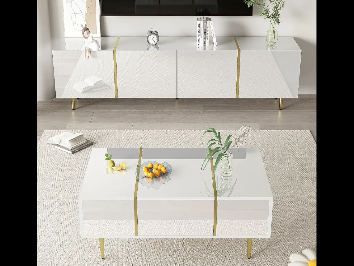 Merax Conjunto moderno de armário de TV e mesa de centro - 170 x 35 x 46 cm + 100 x 60 x 41,5 cm - Madeira MDF e pés dourados - brilhante^ Móvel De Tv
