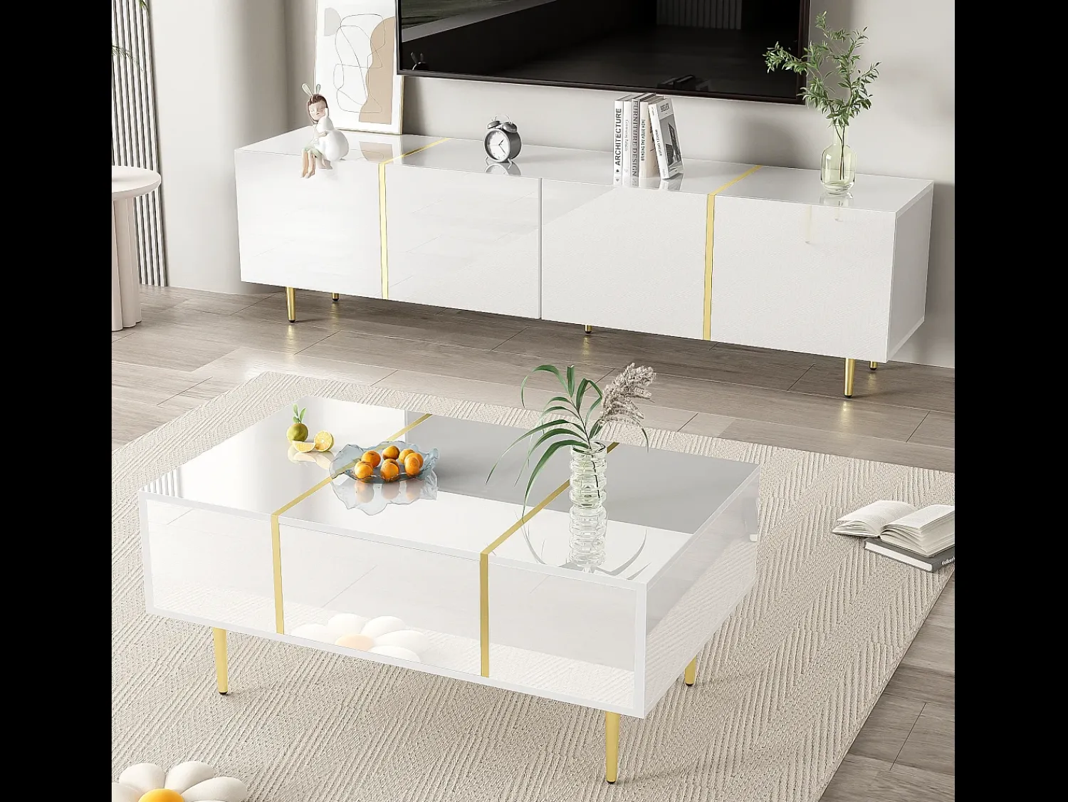 Merax Conjunto moderno de armário de TV e mesa de centro - 170 x 35 x 46 cm + 100 x 60 x 41,5 cm - Madeira MDF e pés dourados - brilhante^ Móvel De Tv