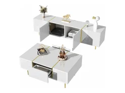 Merax Conjunto moderno de armário de TV e mesa de centro - 170 x 35 x 46 cm + 100 x 60 x 41,5 cm - Madeira MDF e pés dourados - brilhante^ Móvel De Tv