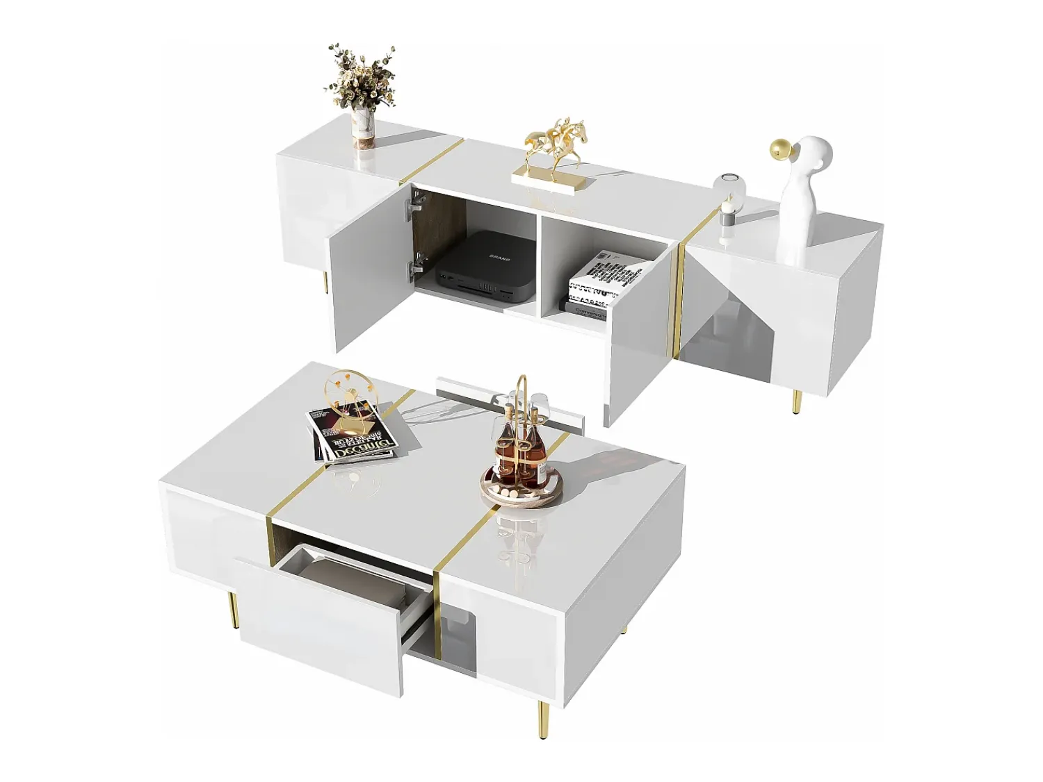 Merax Conjunto moderno de armário de TV e mesa de centro - 170 x 35 x 46 cm + 100 x 60 x 41,5 cm - Madeira MDF e pés dourados - brilhante^ Móvel De Tv