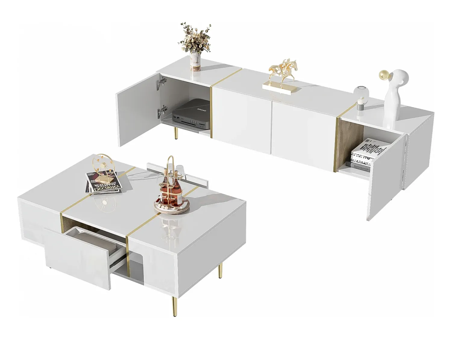 Merax Conjunto moderno de armário de TV e mesa de centro - 170 x 35 x 46 cm + 100 x 60 x 41,5 cm - Madeira MDF e pés dourados - brilhante^ Móvel De Tv
