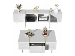 Merax Conjunto moderno de armário de TV e mesa de centro - 170 x 35 x 46 cm + 100 x 60 x 41,5 cm - Madeira MDF e pés dourados - brilhante^ Móvel De Tv