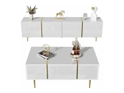Merax Conjunto moderno de armário de TV e mesa de centro - 170 x 35 x 46 cm + 100 x 60 x 41,5 cm - Madeira MDF e pés dourados - brilhante^ Móvel De Tv