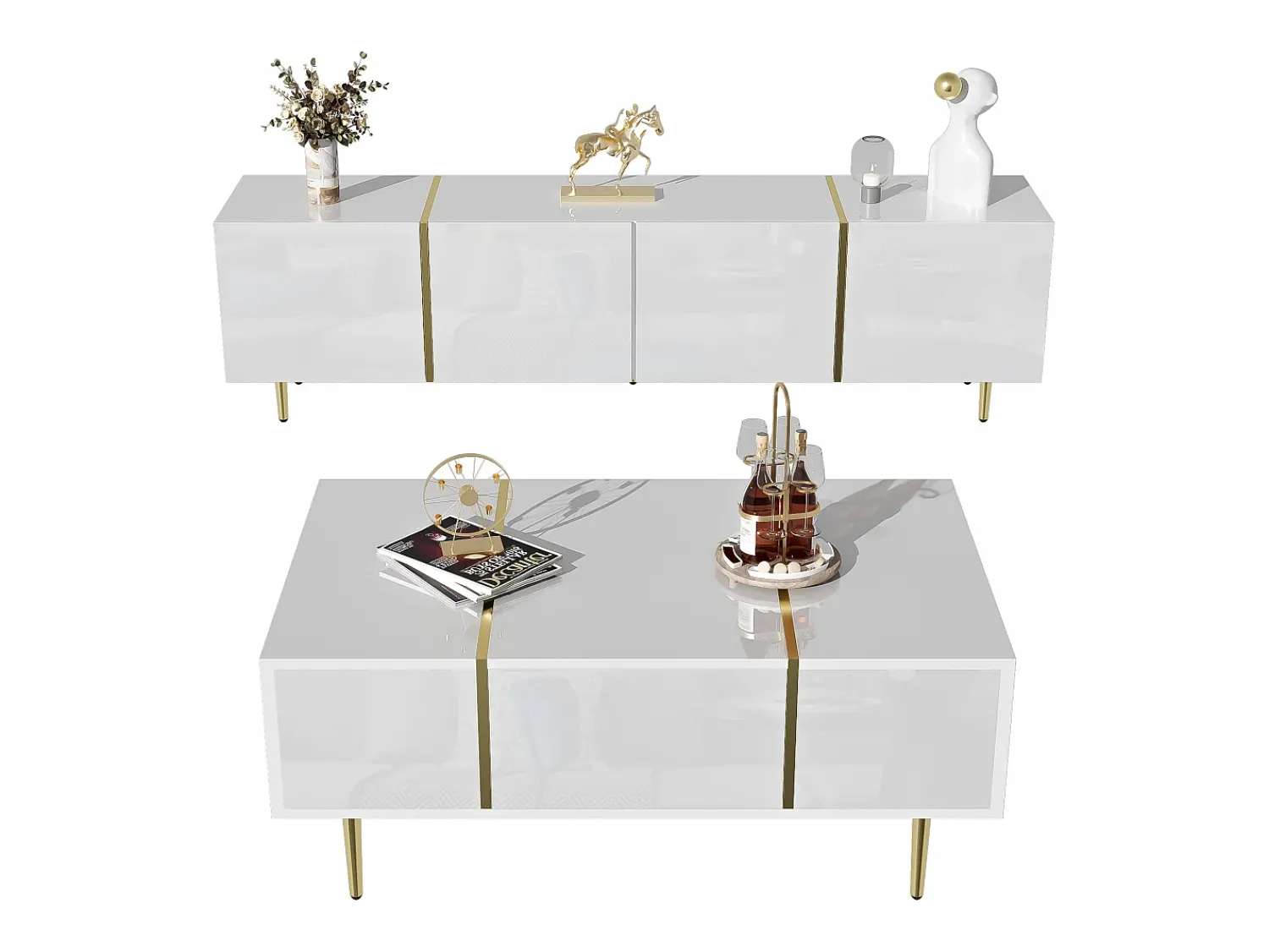 Merax Conjunto moderno de armário de TV e mesa de centro - 170 x 35 x 46 cm + 100 x 60 x 41,5 cm - Madeira MDF e pés dourados - brilhante^ Móvel De Tv
